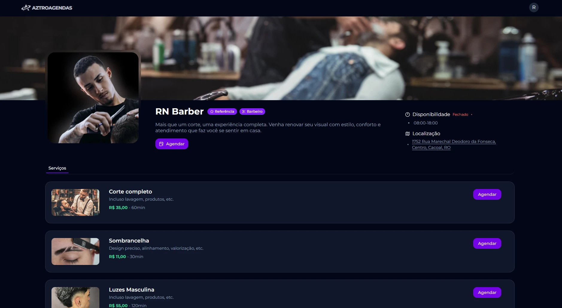 Página de agendamento da barbearia RN Barber criada com a AztroAgendas
